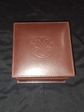 Brown Leather Travel Size Jewelry Storage Box with Embossed Crest